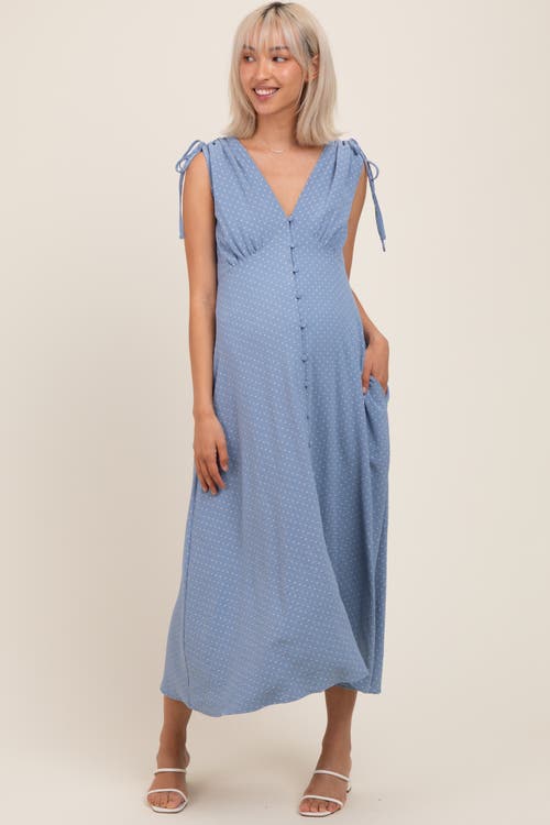 Pinkblush Button-down Polka Dot Shirred Bow Midi Dress In Blue