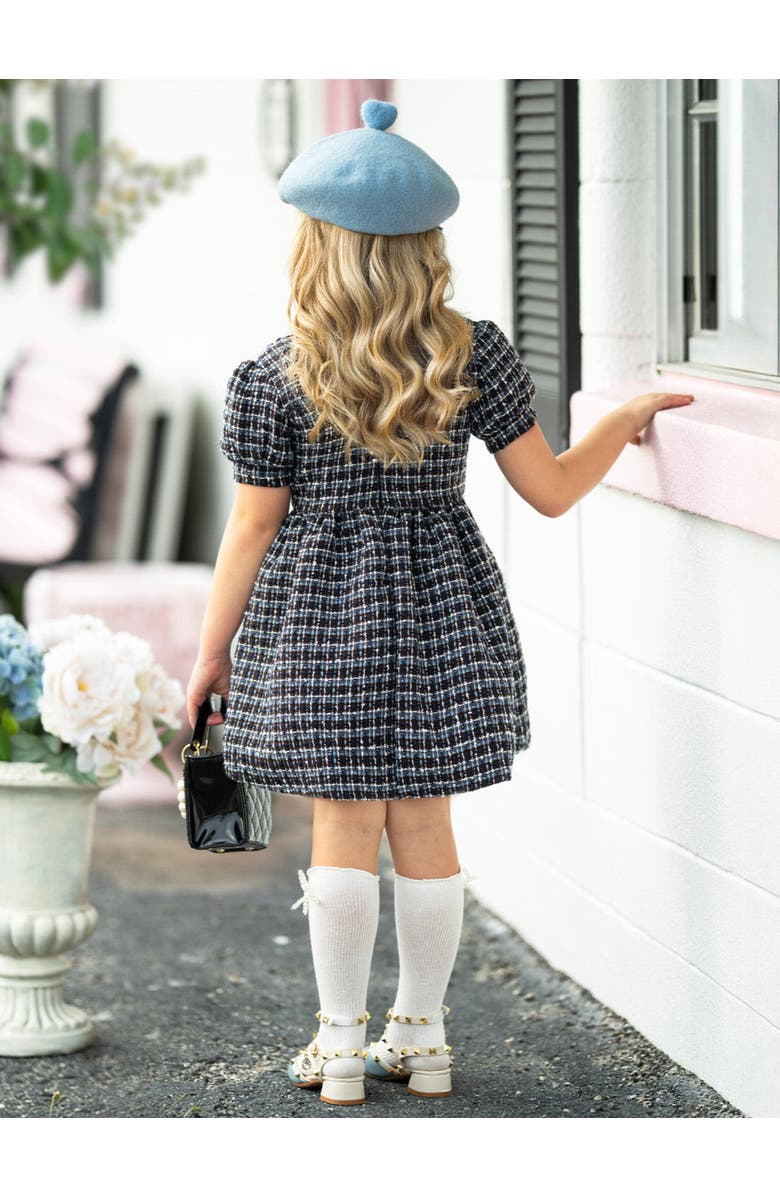 Mia Belle Girls Pretty in Plaid Puff Sleeve Tweed Dress, Alternate, color, Blue