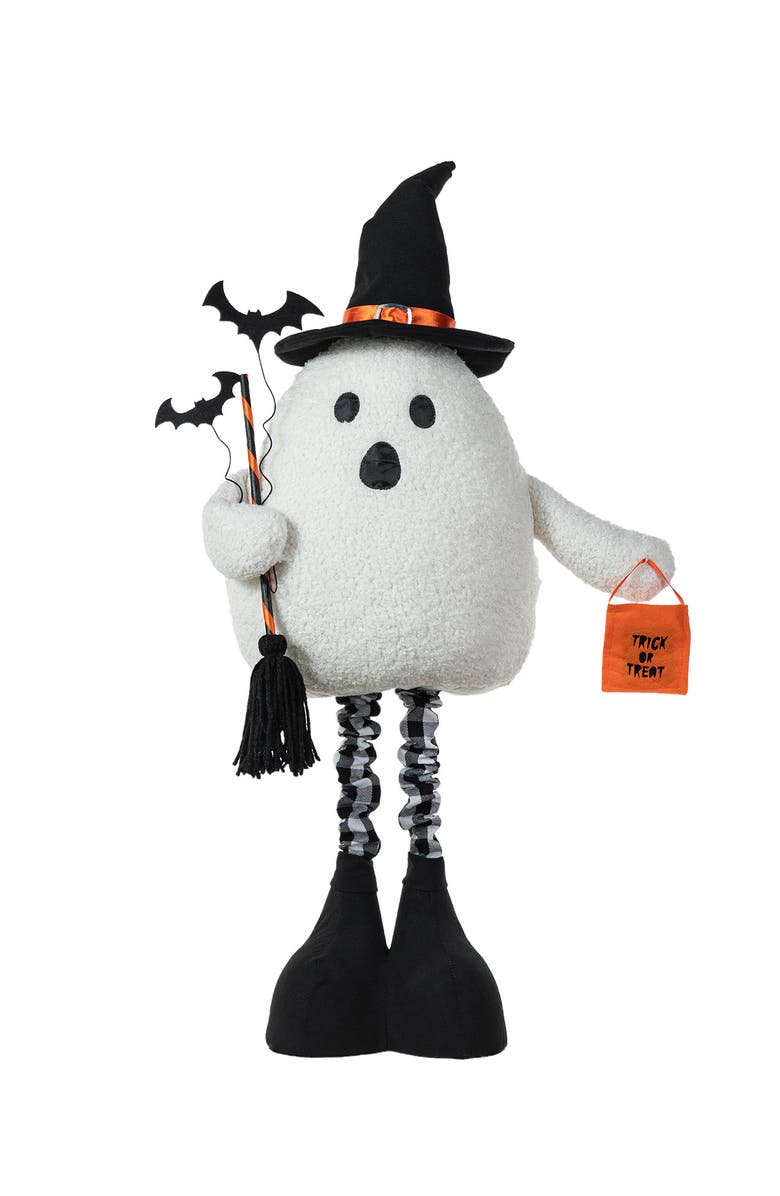 Glitzhome Lighted Halloween Fabric Standing Ghost With Telescoping Legs and Timer, Alternate, color, White
