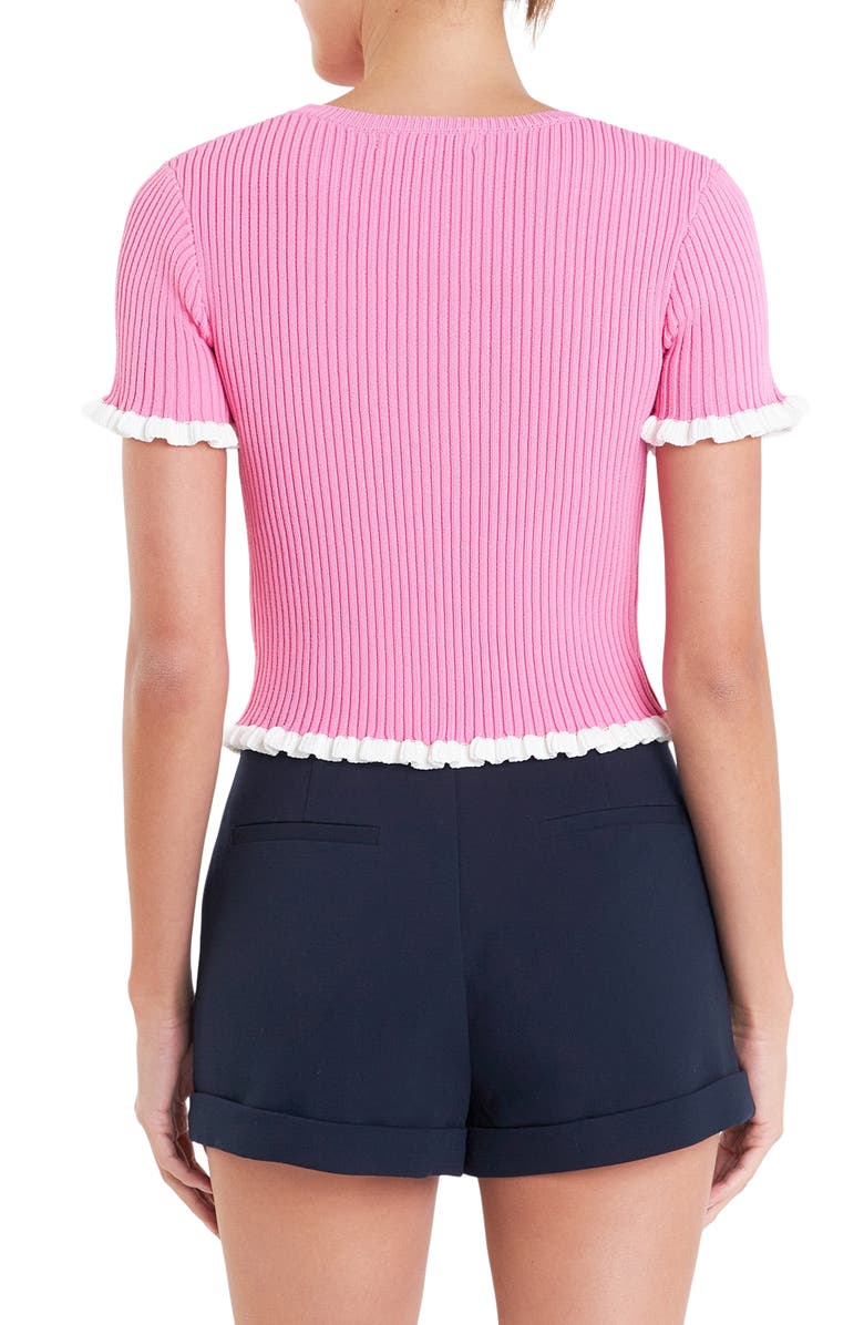 English Factory Ruffle Trim Short Sleeve Rib Sweater, Alternate, color, Pink/ White