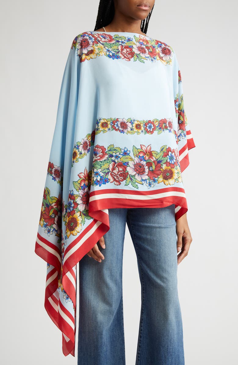 Etro Placed Floral Print Silk Poncho, Alternate, color,