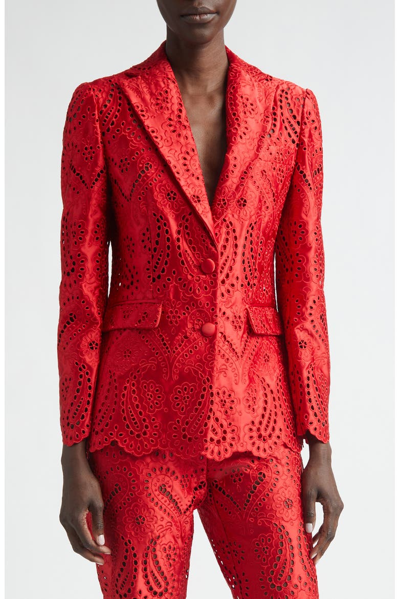 Paisley Eyelet Duchess Satin Blazer, Main, color, RED