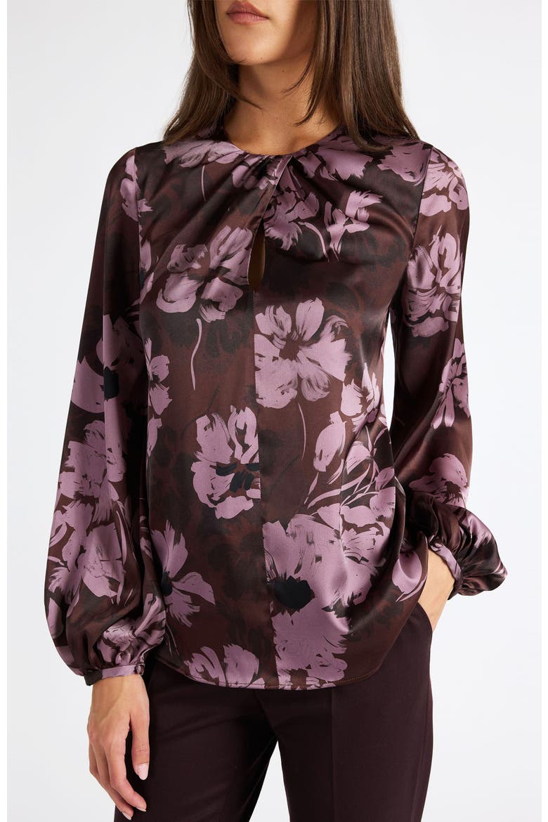 Elena Long Sleeve Twist Neck Blouse in Floral Twill Crepe, Main, color, RAISIN