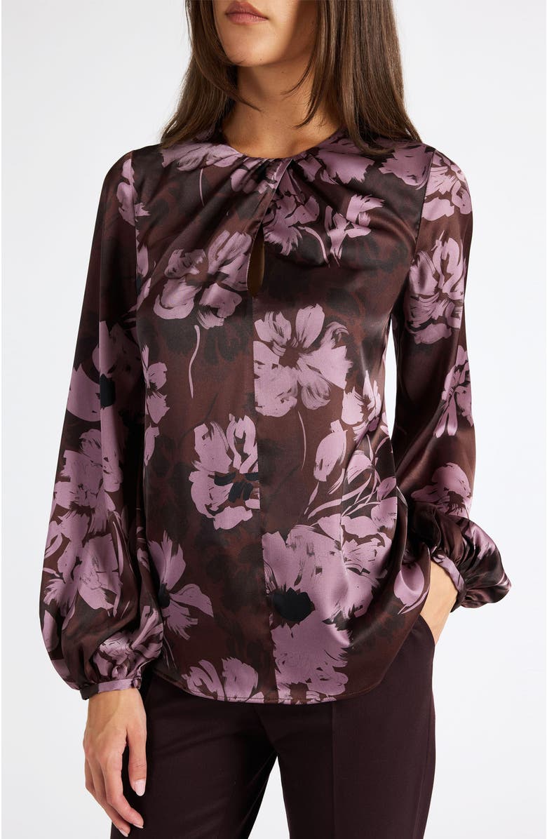 Santorelli Elena Long Sleeve Twist Neck Blouse in Floral Twill Crepe, Main, color, Raisin
