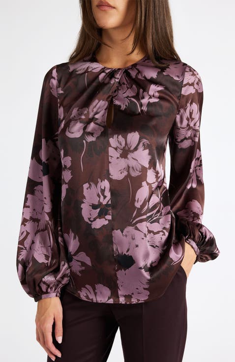 Elena Long Sleeve Twist Neck Blouse in Floral Twill Crepe
