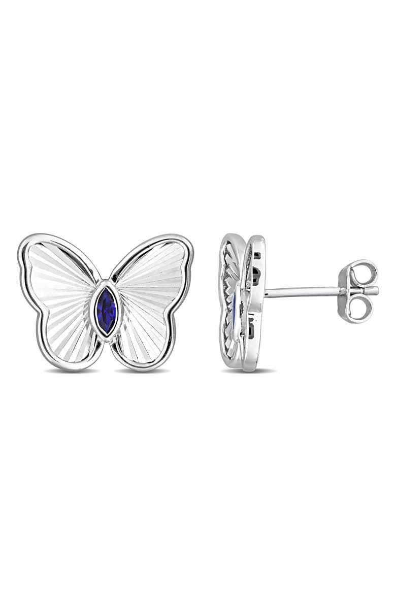 DELMAR Marquise Cut Created Sapphire Butterfly Stud Earrings, Main, color, Blue