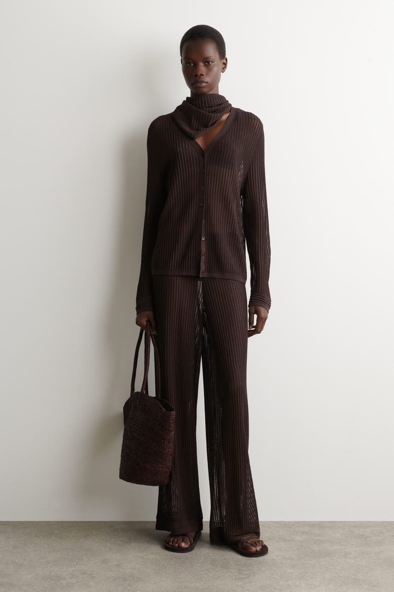 Pointelle-knit Triangle Scarf, Alternate, color, BROWN