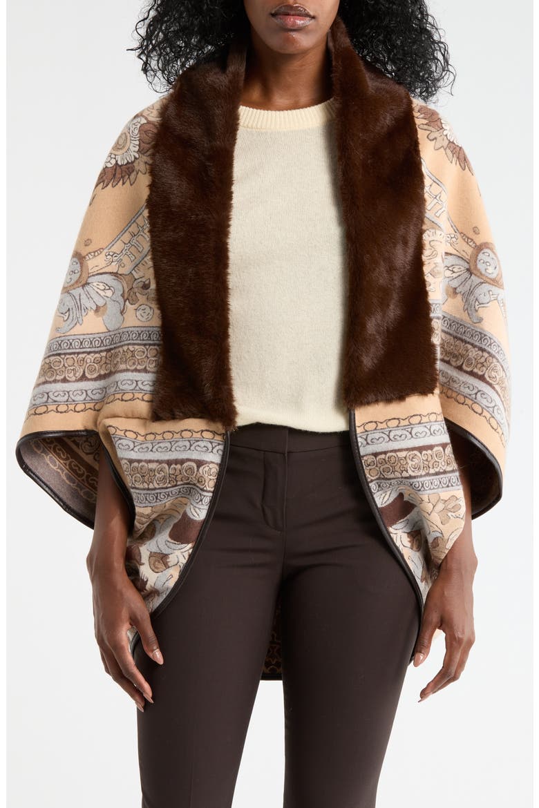Faux Fur Trim Cocoon Cape, Main, color, BROWN