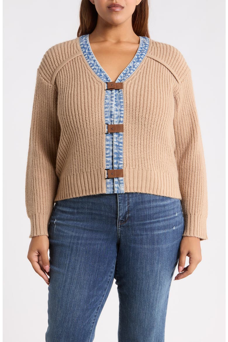 Denim Trim Cropped Cardigan, Main, color, TAN