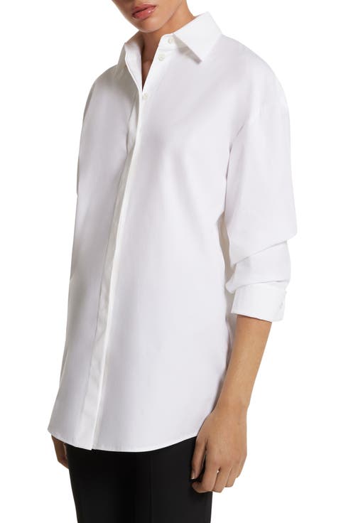Pleat Sleeve Cotton Stretch Poplin Button-Up Shirt