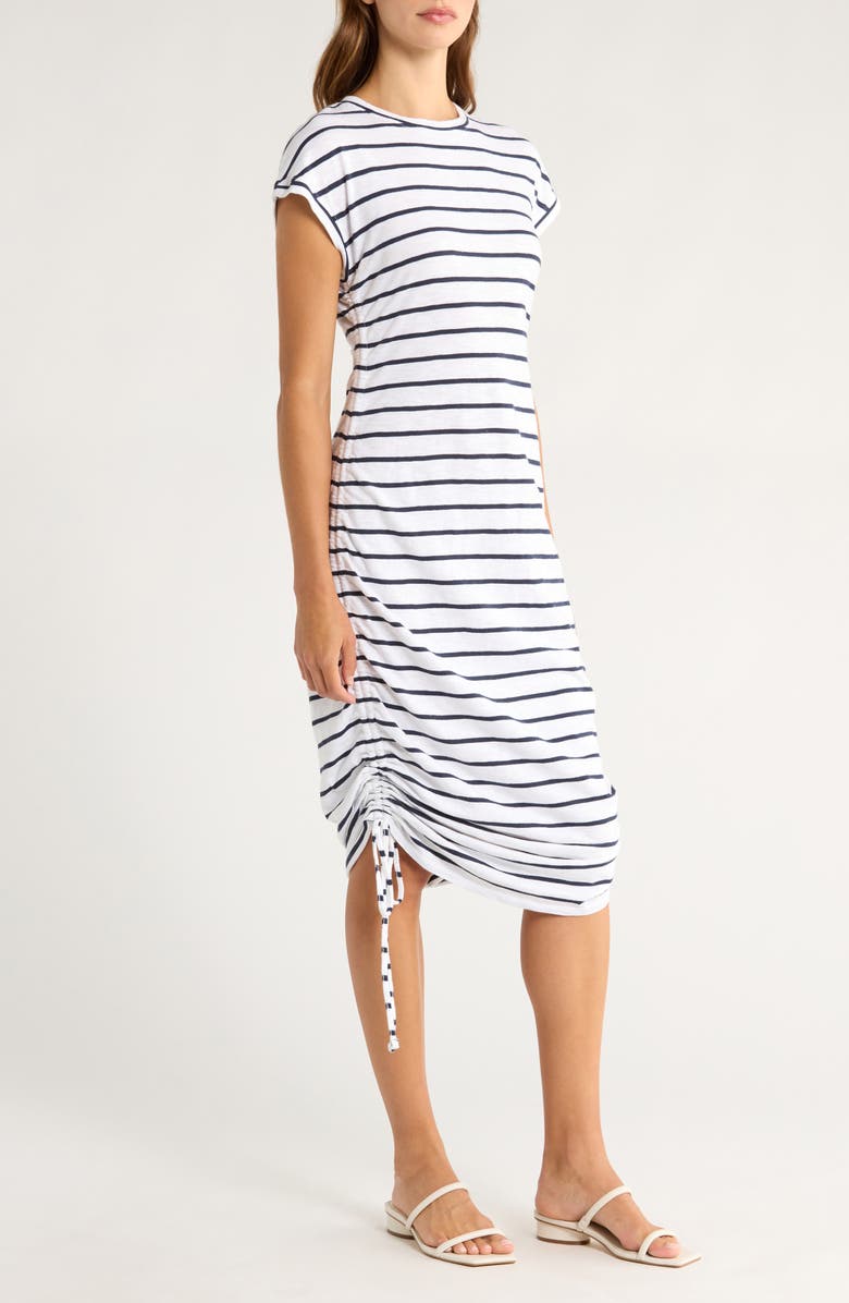 Caslon<sup>®</sup> Ruched Cotton Midi T-Shirt Dress, Alternate, color, White- Navy Blazer Jana Stripe