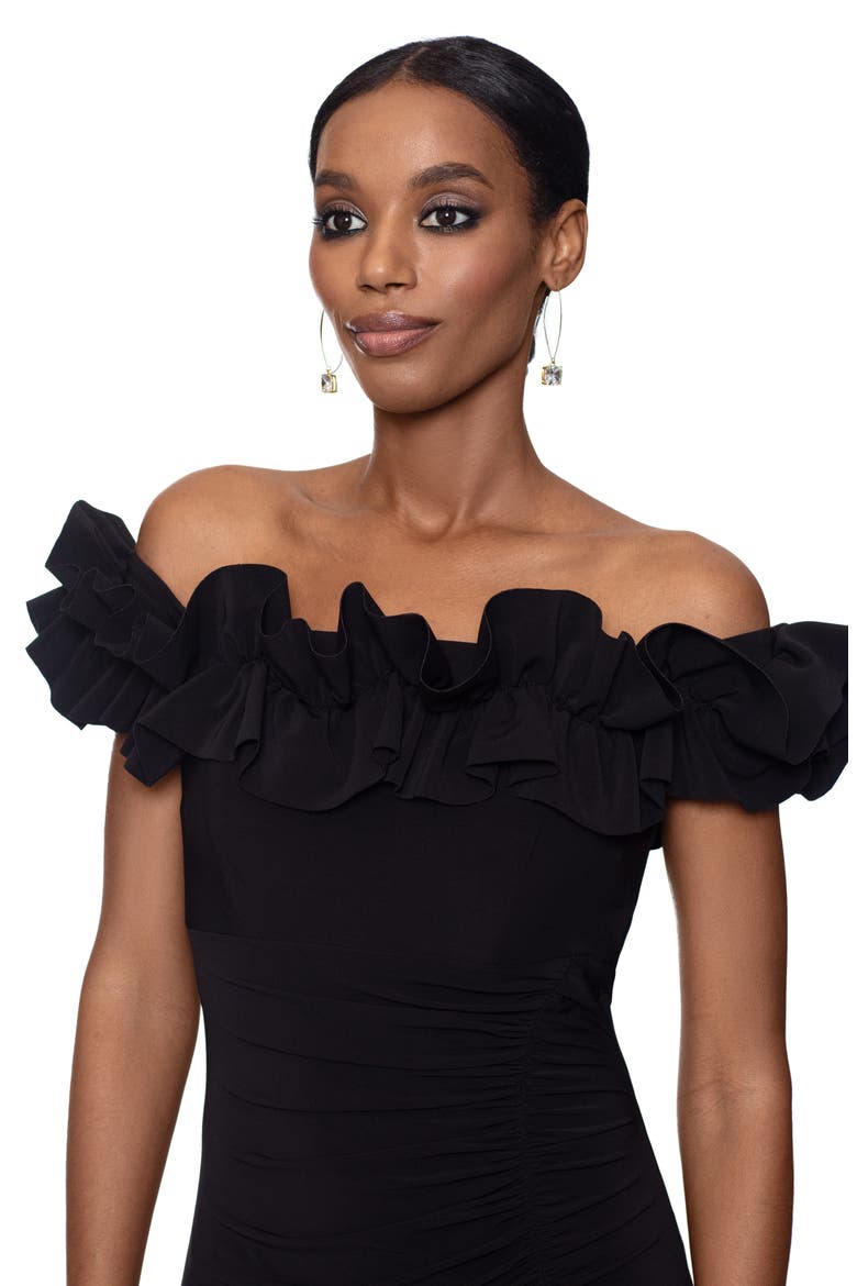 Ruffle Off the Shoulder Ruched Jersey Gown, Alternate, color, BLACK