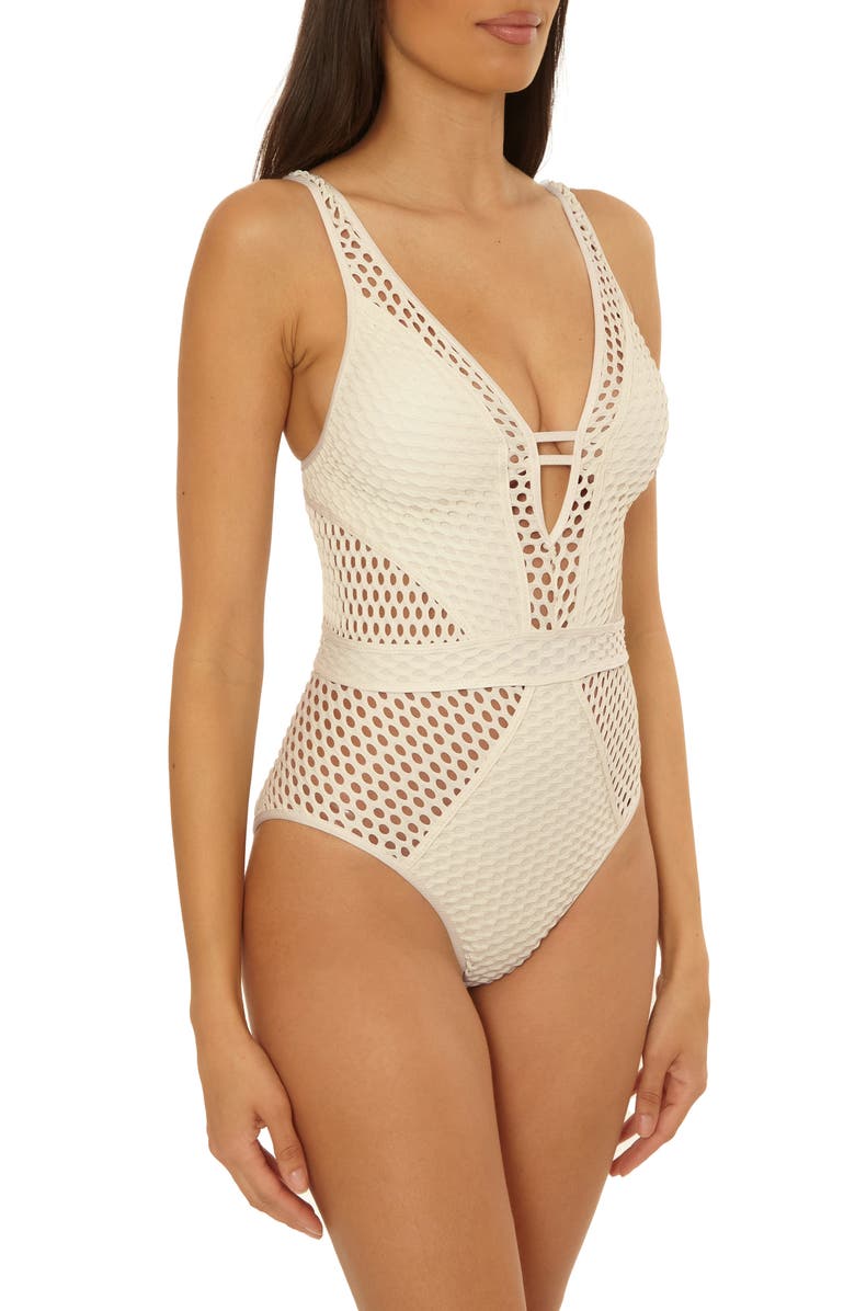 Becca Castaway Fishnet Plunge One-Piece Swimsuit, Alternate, color, Ecru