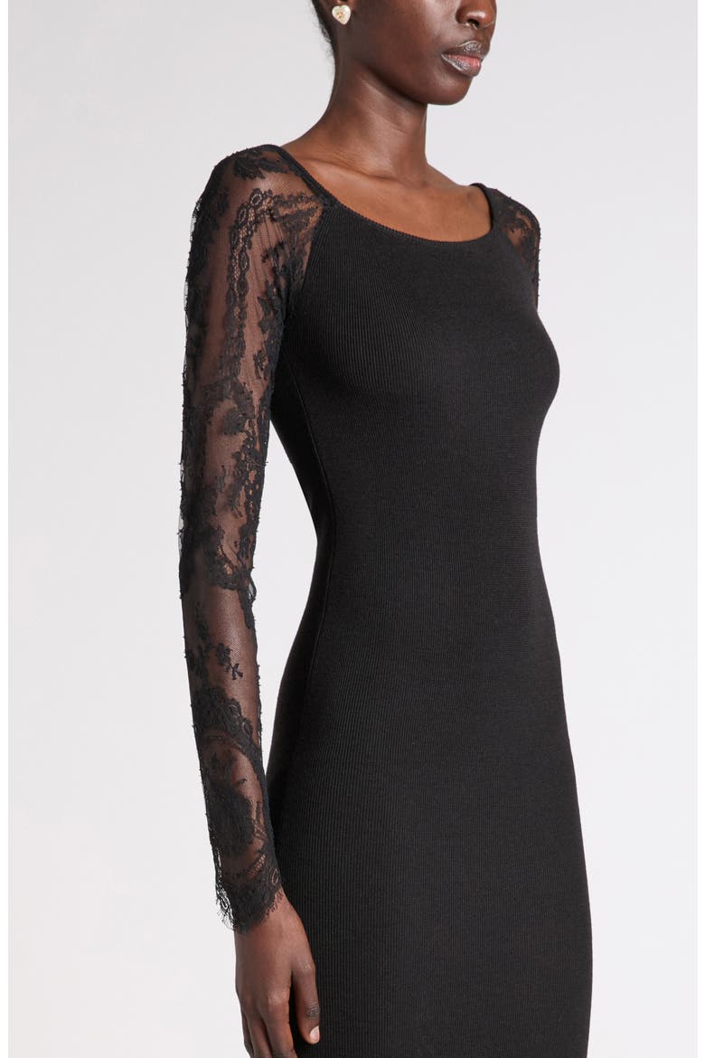 Lace Long Sleeve Rib Virgin Wool Blend Sweater Dress, Alternate, color, BLACK