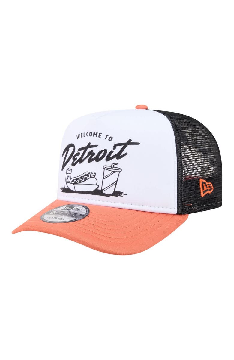 New Era Men's New Era  White/Orange Detroit Tigers Foodie A-Frame 9FIFTY Trucker Snapback Hat, Alternate, color, White