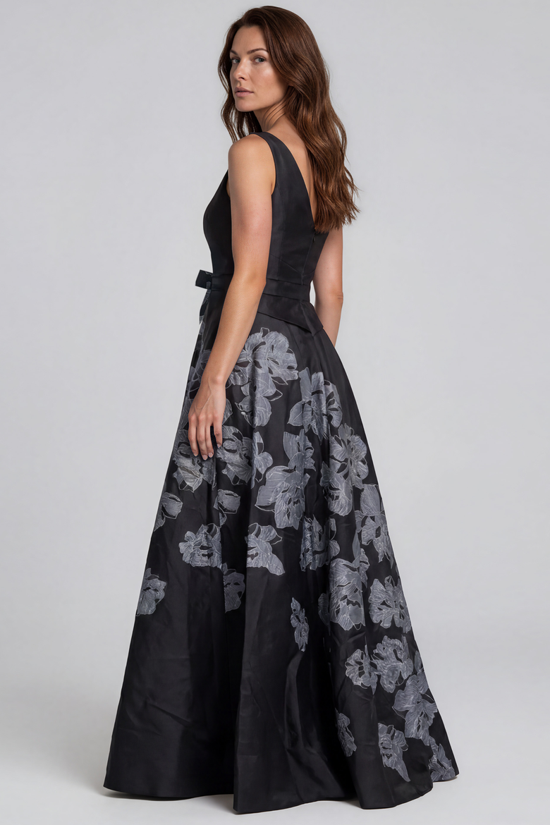 One Shoulder Floral Boarder Print Mikado A-Line Gown, Alternate, color, Black