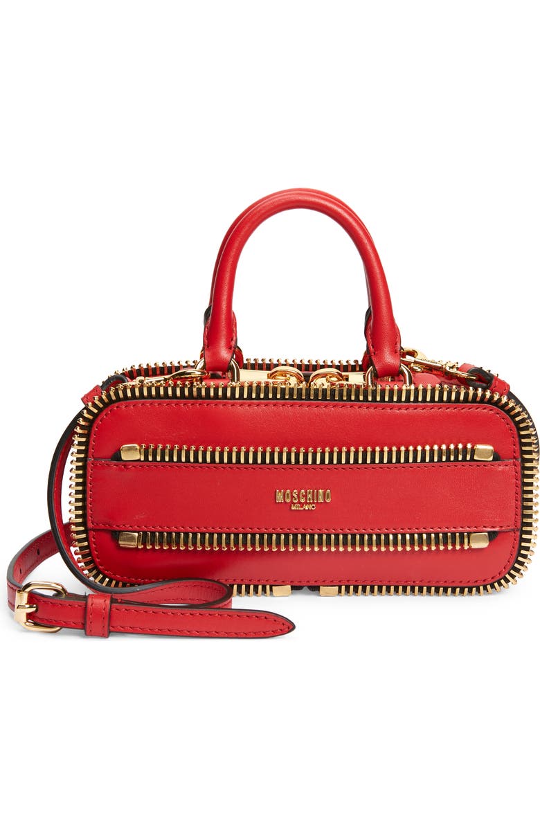 Moschino Mini Rider Zipper Leather Top Handle Bag, Main, color,