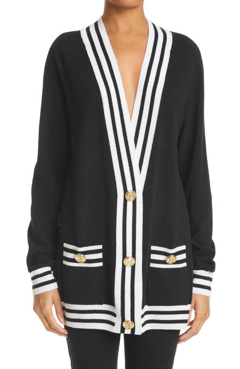 Balmain Logo Stripe Trim Wool Blend Cardigan, Main, color, 
