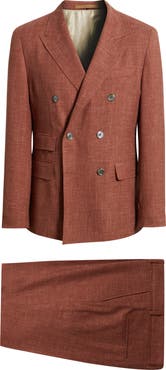 BOSS Heston Slim Fit Brown Slub Wool Blend Peak Lapel Double Breasted Suit