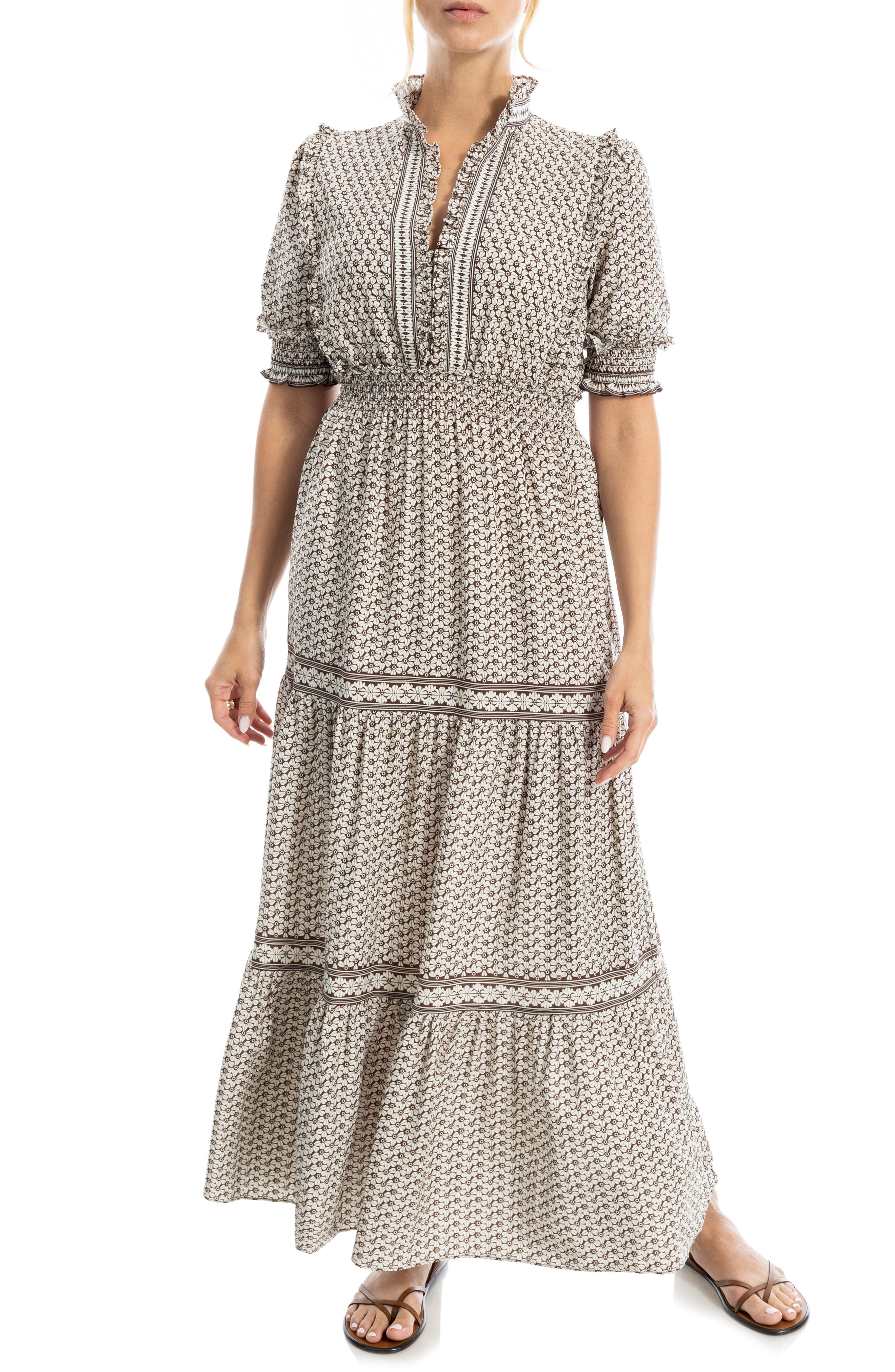 MAX STUDIO Floral Short Sleeve Tiered Maxi Dress