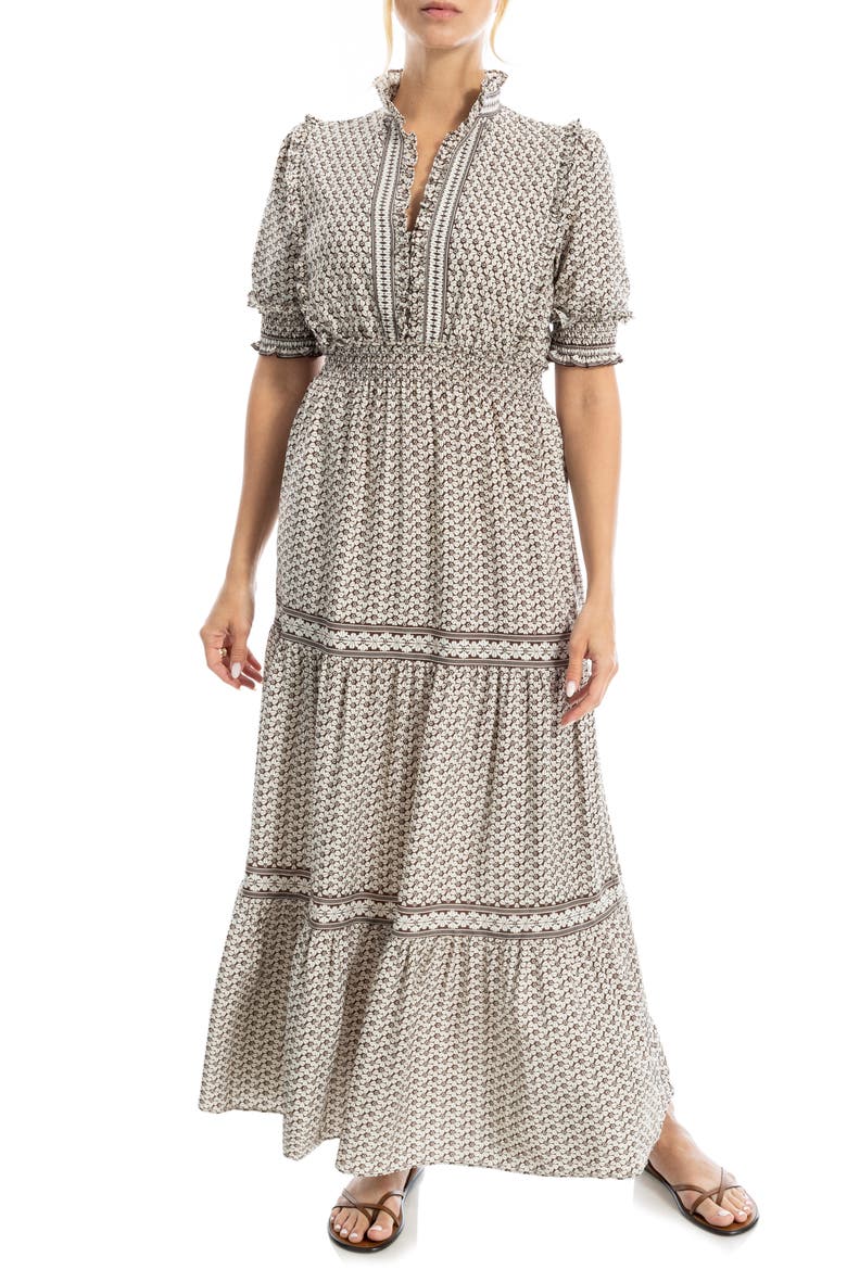 Floral Short Sleeve Tiered Maxi Dress, Main, color, MOCHA/ CREAM SPACIAL RIDDLES