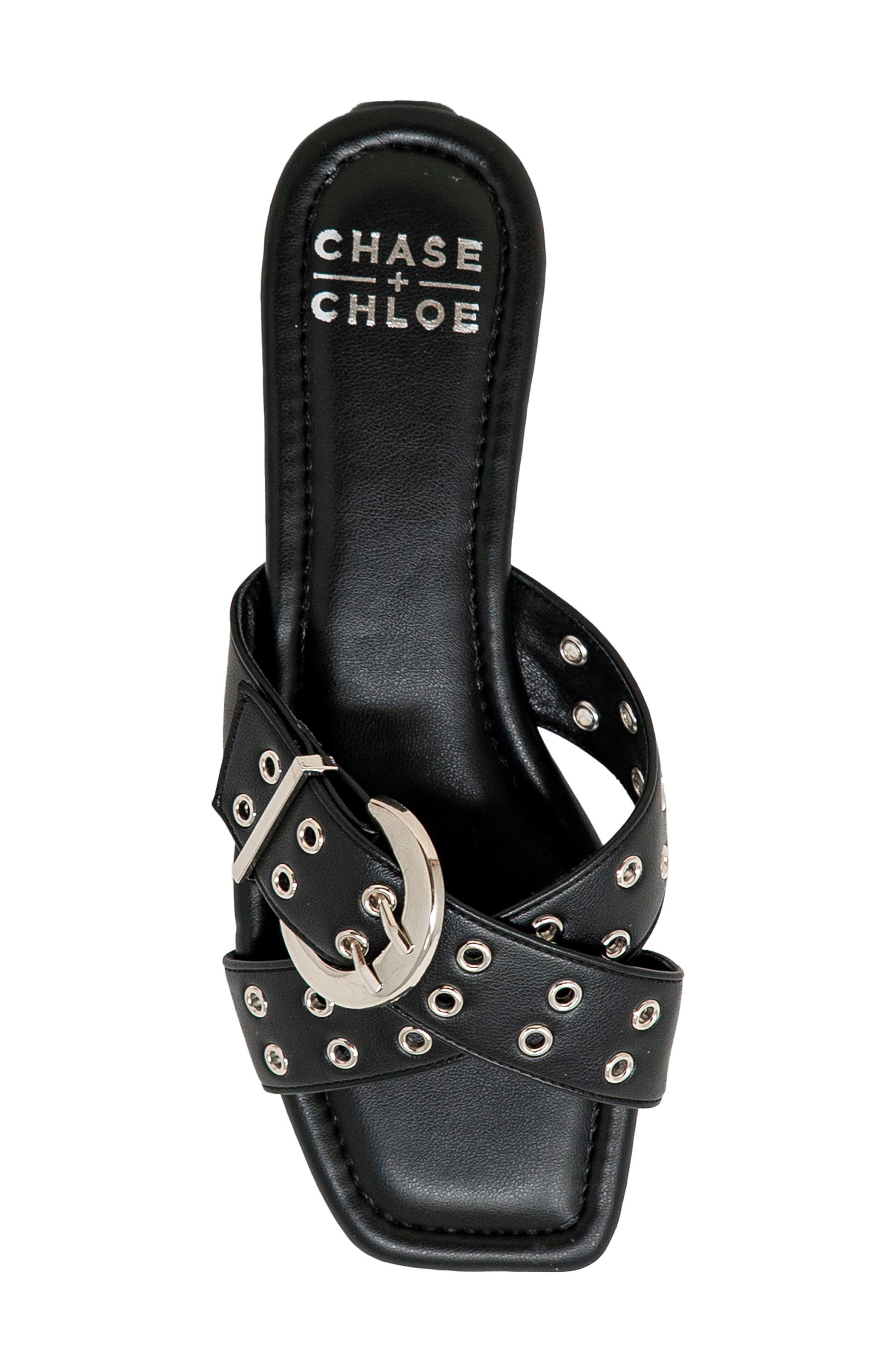 Grommet Cross Strap Slide Sandal, Alternate, color, BLACK PU