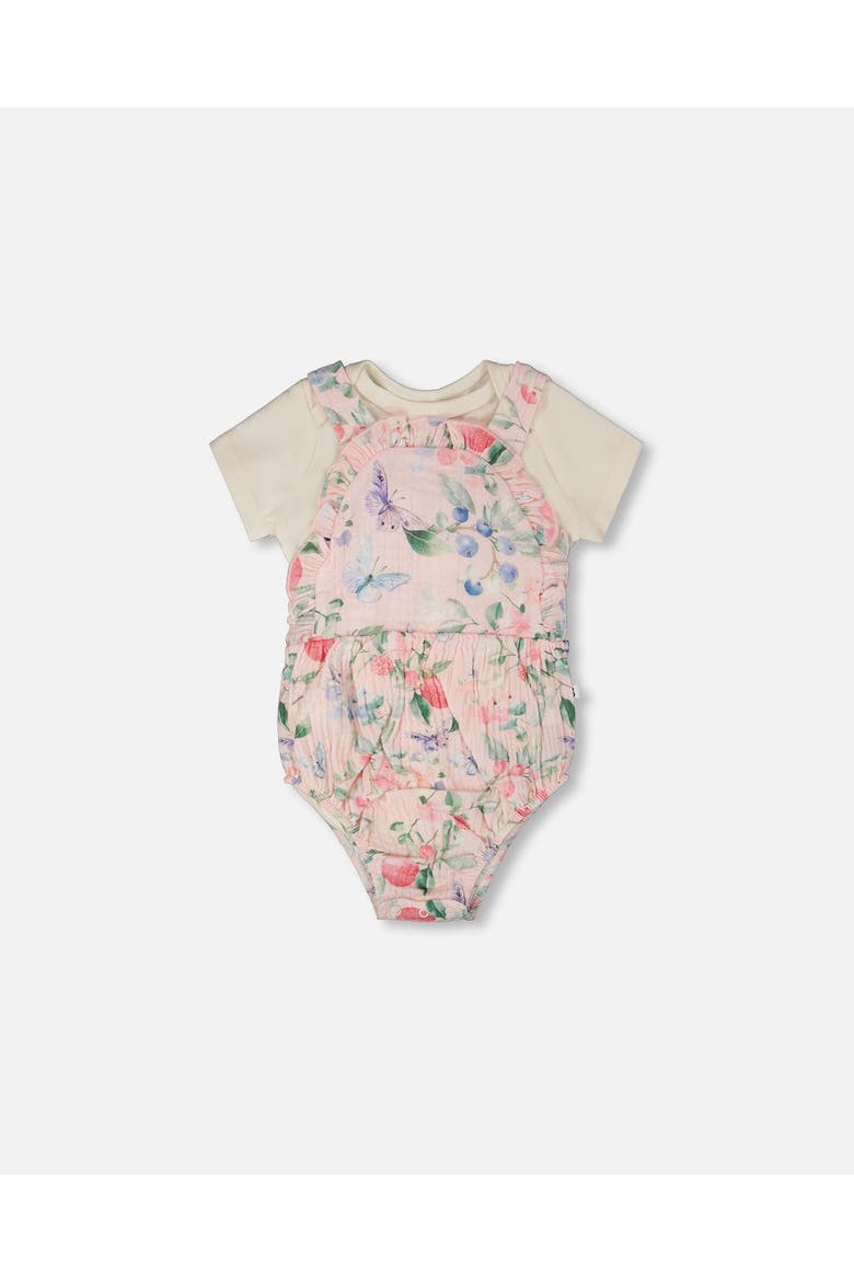 Organic Cotton Jersey Bodysuit and Printed Berries Muslin Overall Set, Main, color, White & Pink Printed Berries