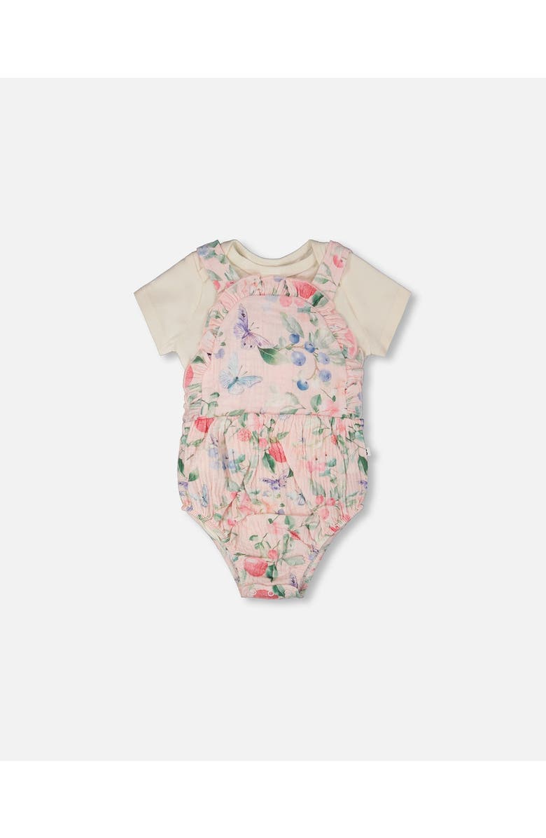 Deux par Deux Organic Cotton Jersey Bodysuit and Printed Berries Muslin Overall Set, Main, color, White & Pink Printed Berries