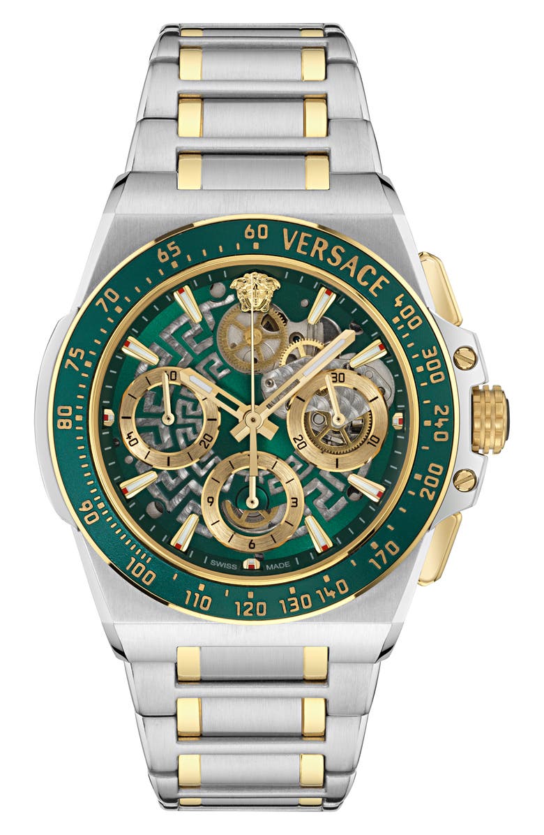 Versace Greca Extreme Skeleton Dial Automatic Chronograph Bracelet Watch, 43mm, Main, color, Green/ Two Tone