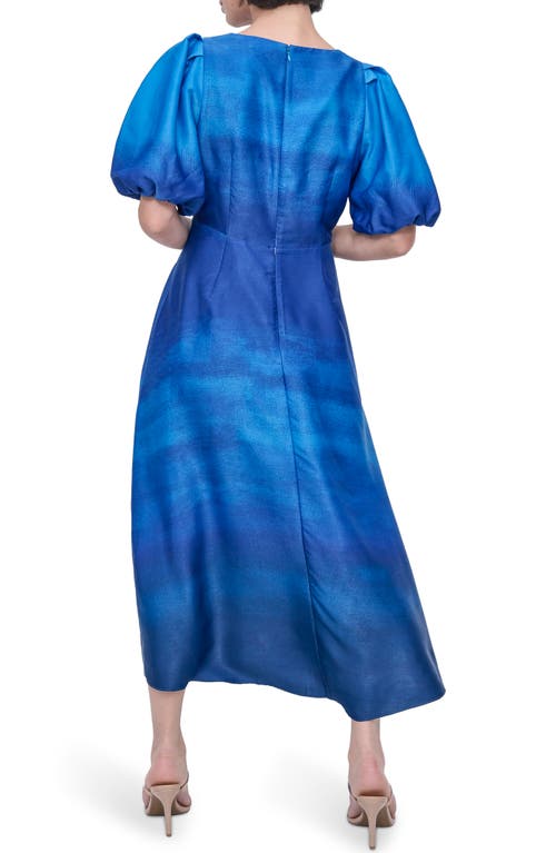 Dkny Ruched Printed Satin Midi Dress In Cornflower Ombre Border