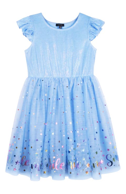 Kids' Smile Foil Flutter Sleeve Mesh Dress (Little Kid & Big Kid)