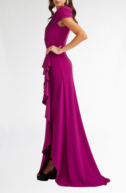 Tadashi Shoji Cascade Ruffle Portrait Neck Gown In Purple