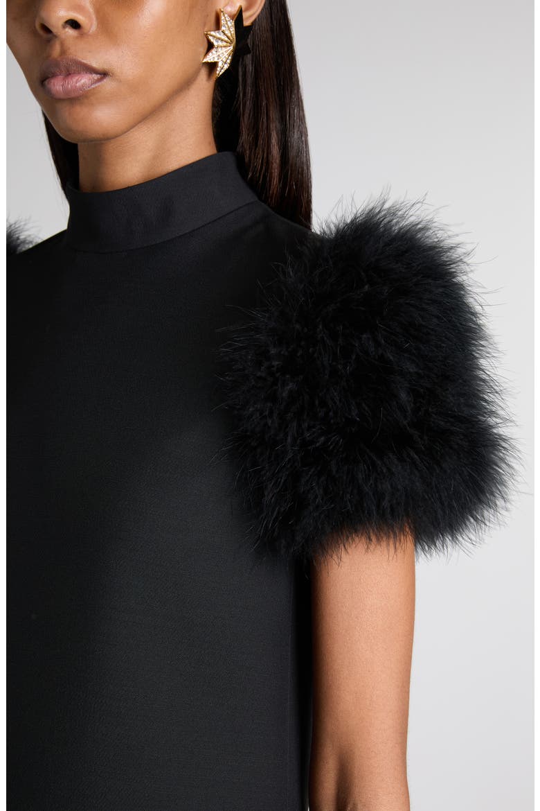 Feather Trim Crepe Couture Shift Dress, Alternate, color, BLACK