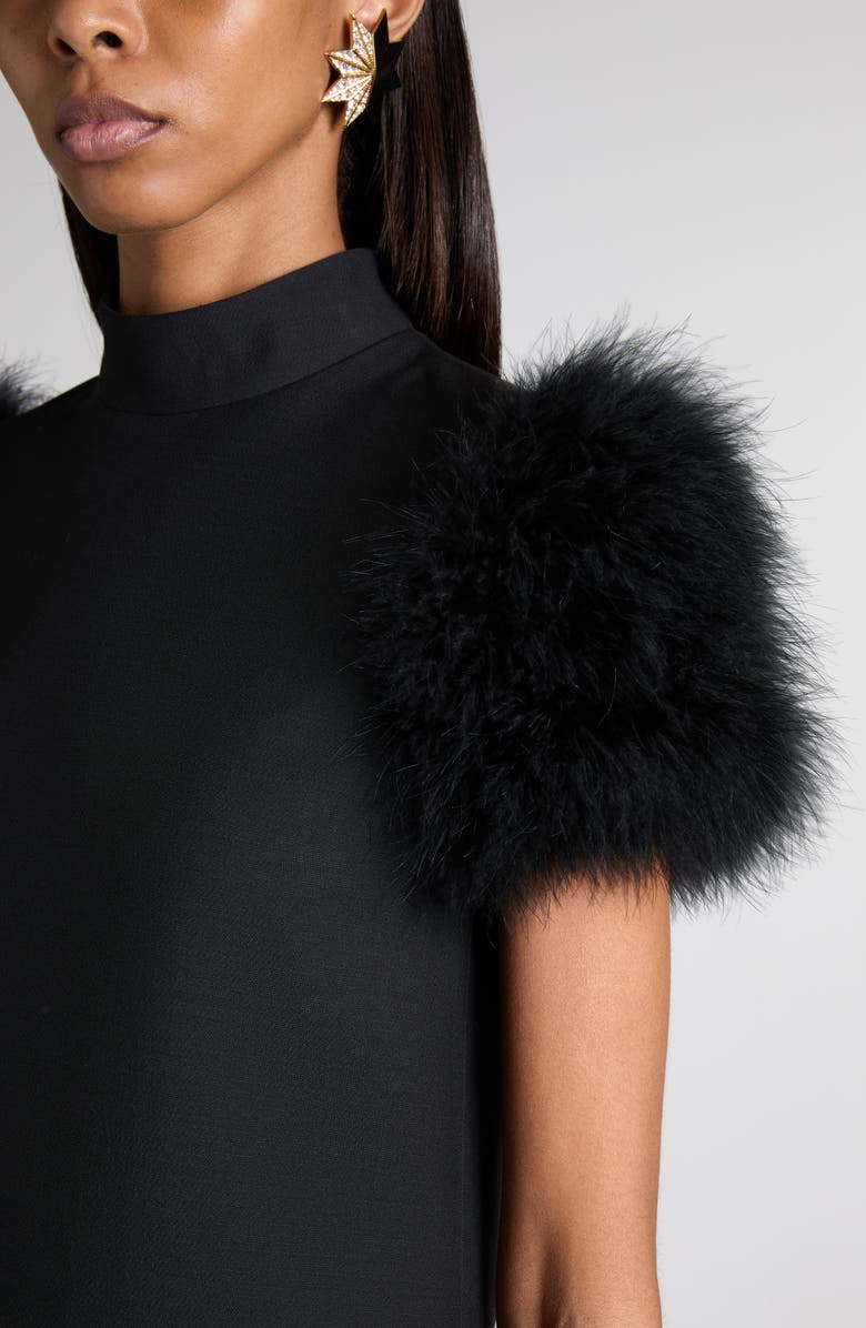 Valentino Feather Trim Crepe Couture Shift Dress, Alternate, color, Black