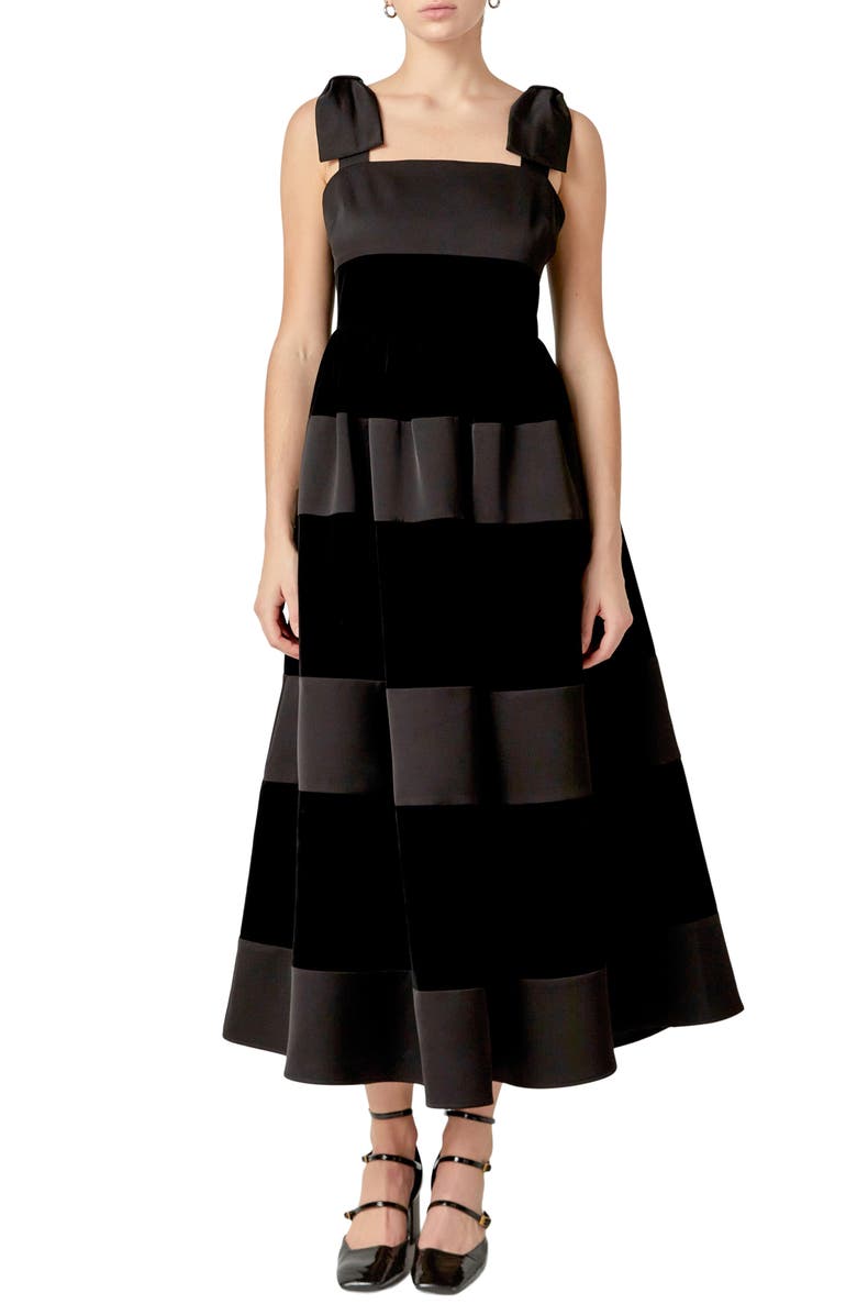 English Factory Bow Shoulder Velvet Contrast Maxi Dress, Main, color,