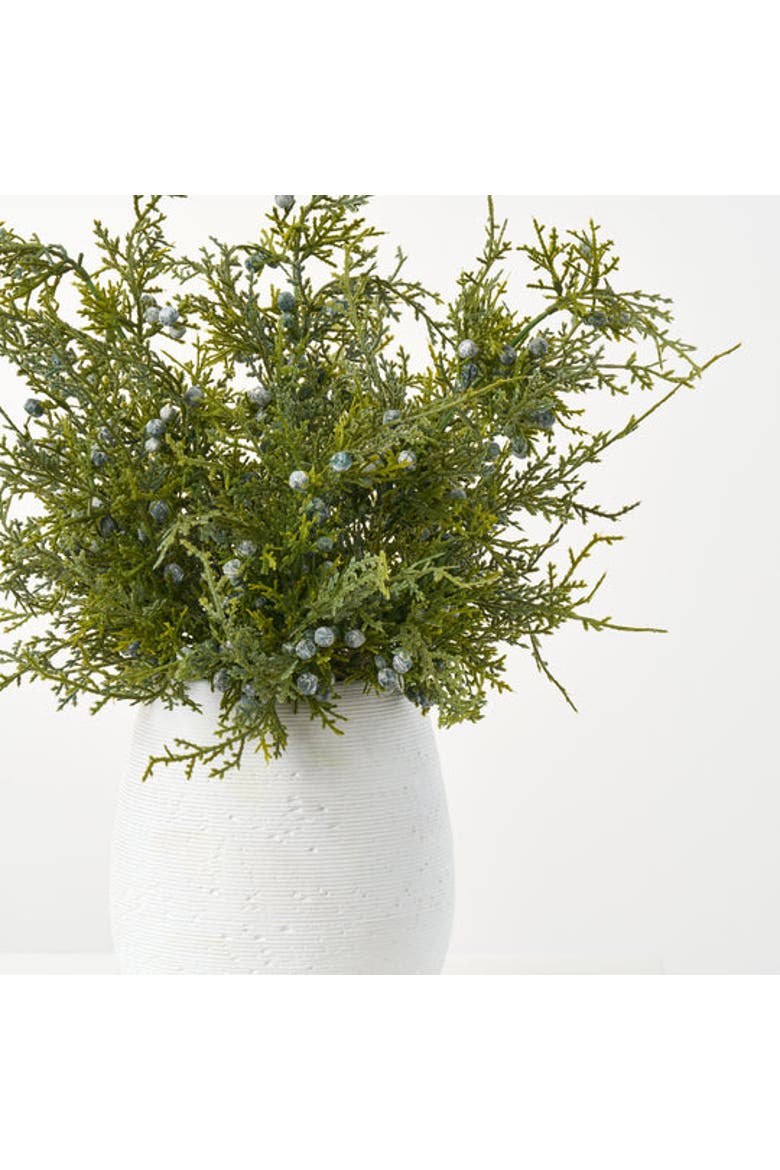 Lifelike Juniper Berry Small Faux Topiary Bush in Textured Concrete Pot Winter Holiday Arrangement, Alternate, color, Green