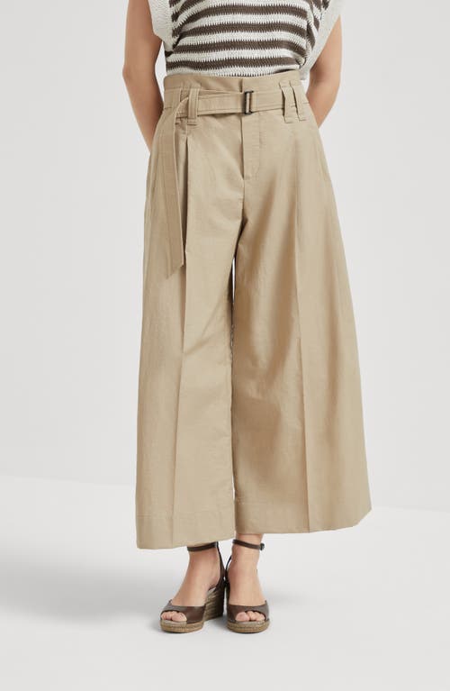 Brunello Cucinelli Pleated Cotton Wide-leg Crop Trousers With Belt In Neutral