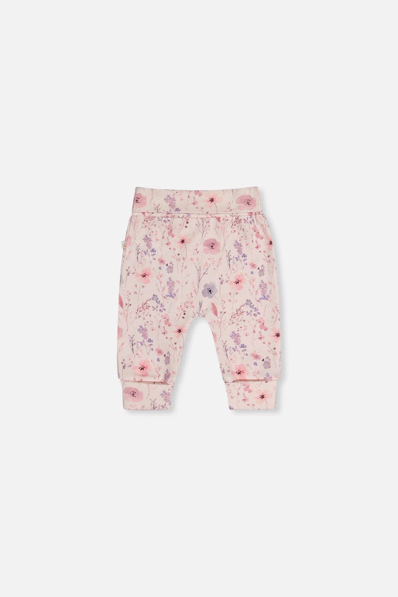 Organic Cotton Flowers Foldover Waist Ribbed Evolutive Pants, Alternate, color, Pink Printed Flowers