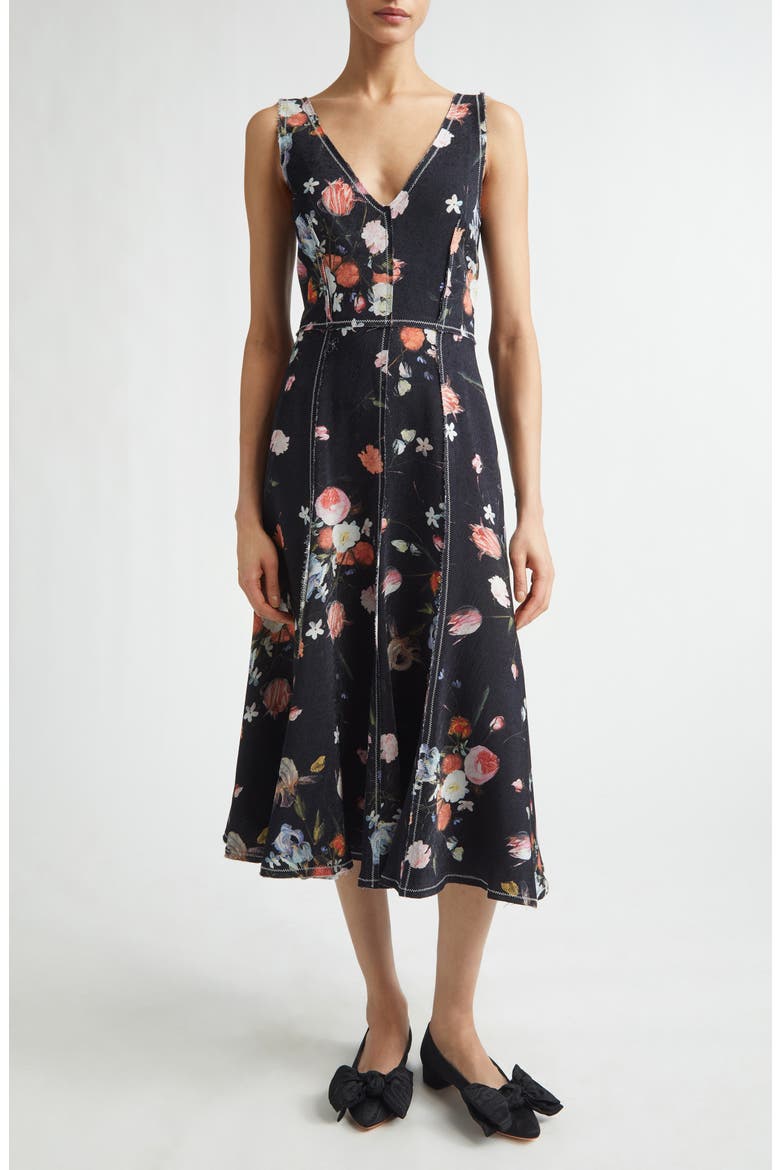 Floral Print Textured Twill Fit & Flare Dress, Main, color, DUTCH FLOWER PAINTING BLACK