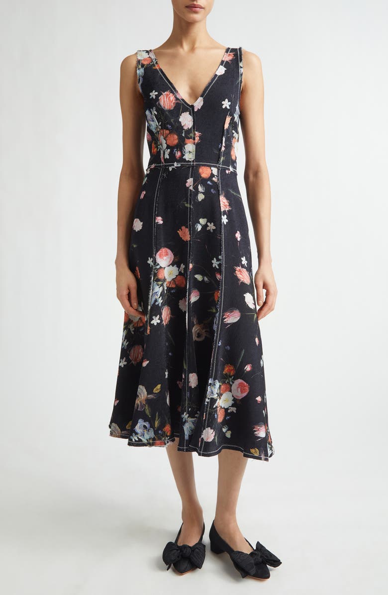 Erdem Floral Print Textured Twill Fit & Flare Dress, Main, color, Dutch Flower Painting Black