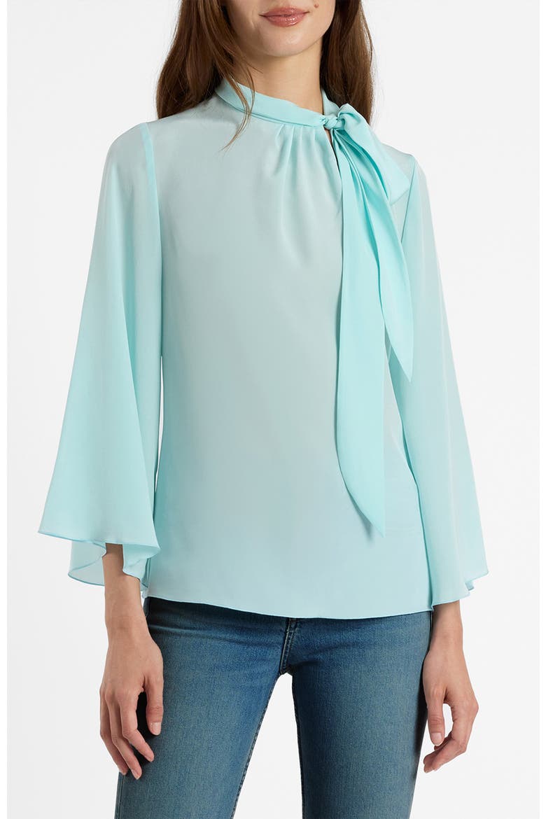 Lena Tie Neck Blouse in Silk Crepe De Chine, Main, color, Sky Blue