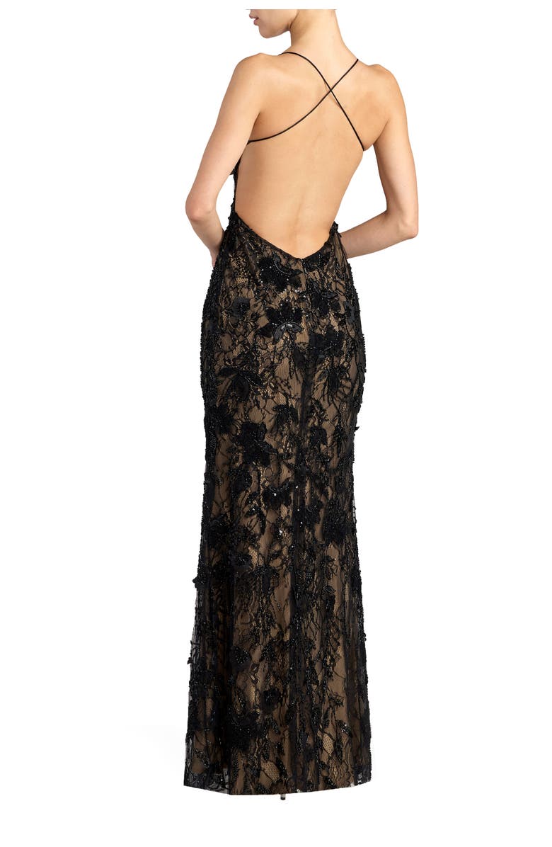 Mac Duggal Floral Embroidered Sleeveless Open Back Gown, Alternate, color, Black Nude