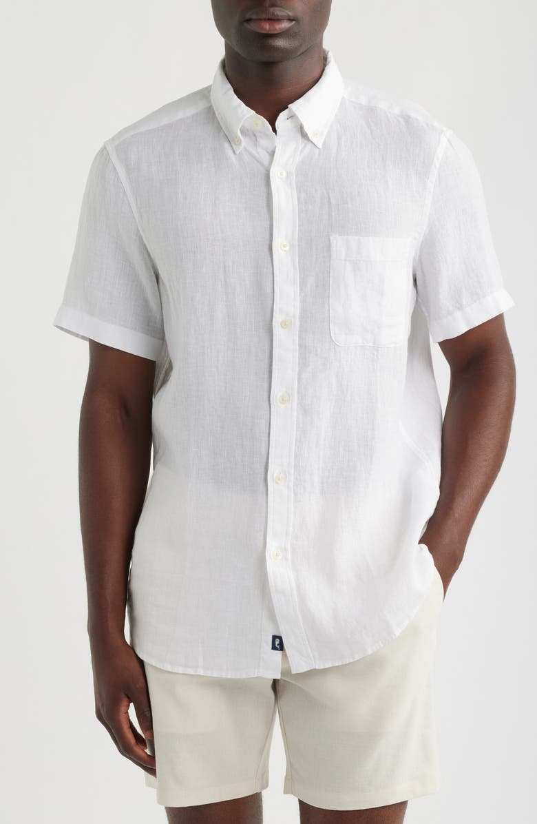 vineyard vines Surfside Solid Short Sleeve Linen Button-Down Shirt, Main, color, Linen White Cap