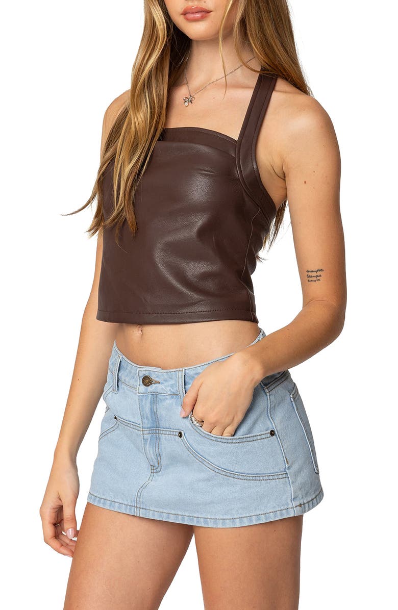 EDIKTED Faux Leather Halter Crop Top, Alternate, color, Brown