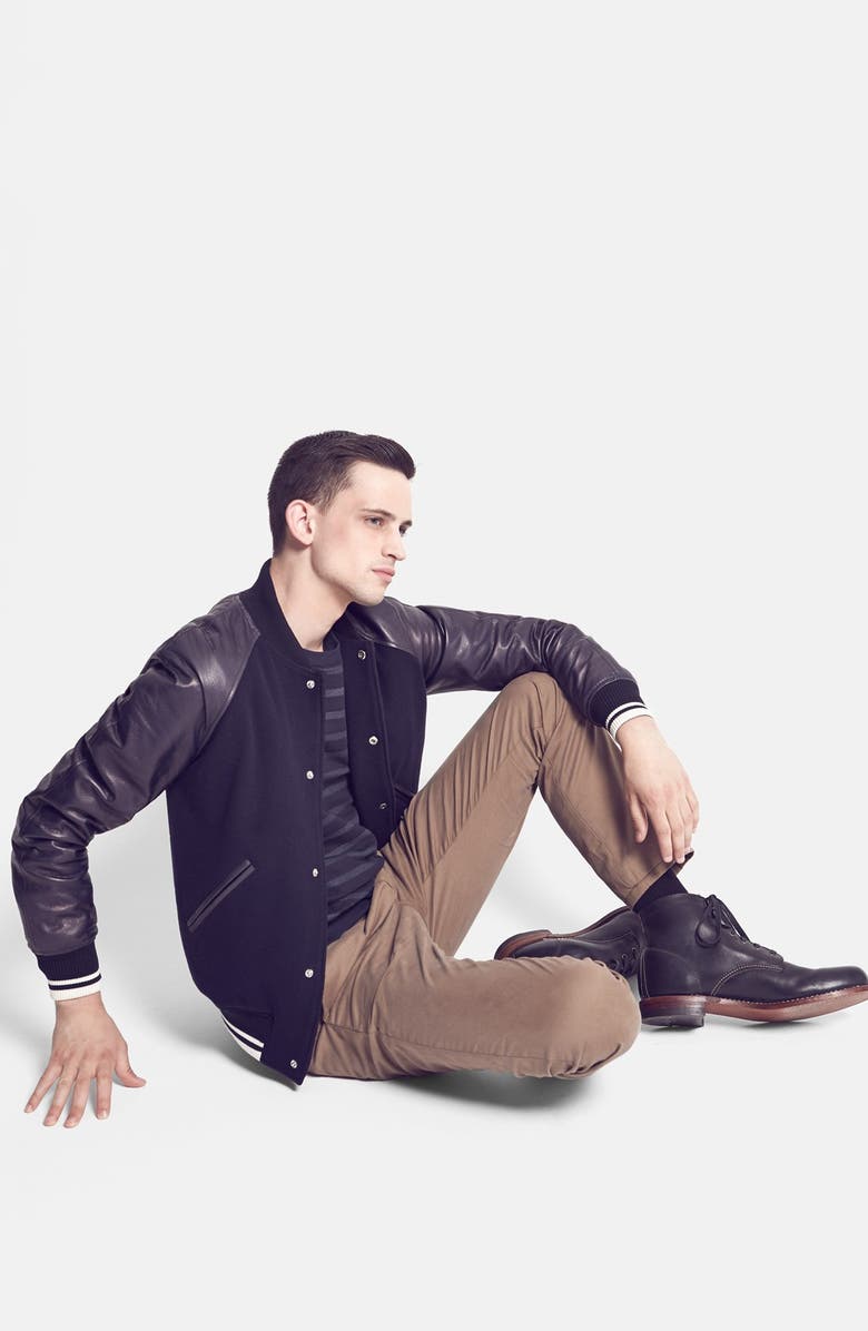 A.P.C. 'Kenickie Teddy' Wool Blend Baseball Jacket with Leather Sleeves, Alternate, color,