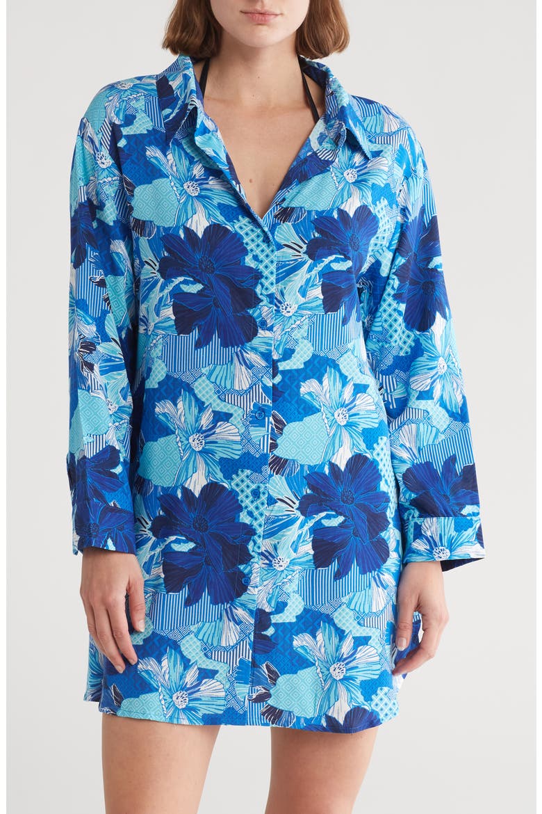 Floral Print Button-Up Cover-Up Shirt, Main, color, BLUE PATCH