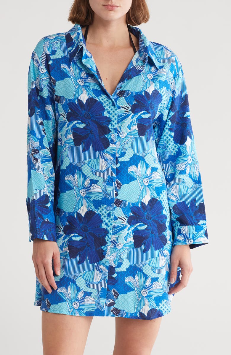 BOHO ME Floral Print Button-Up Cover-Up Shirt, Main, color, Blue Patch