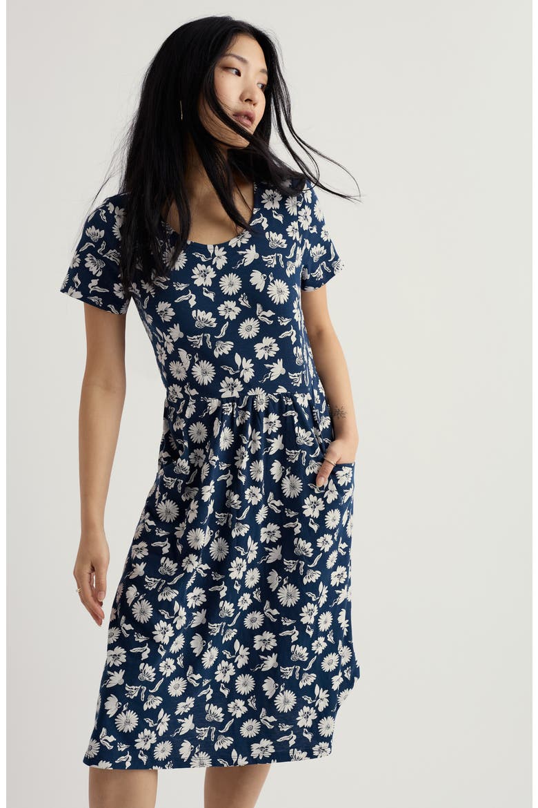 Enor Floral Print Organic Cotton Fit & Flare Midi Dress, Alternate, color, FLORAL LAWN SEA CAVE
