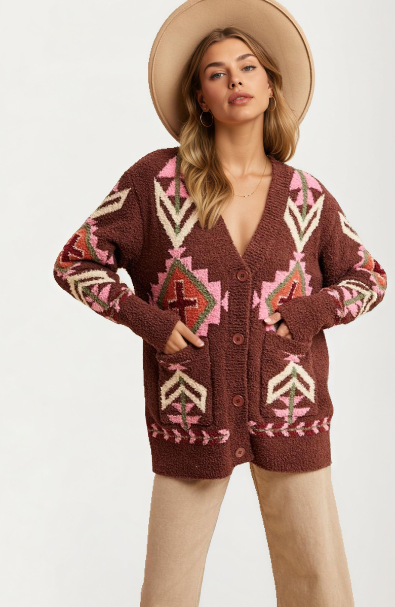 Knit and Lounge Oversized Geo Knit Cardigan with Pockets, Alternate, color, 