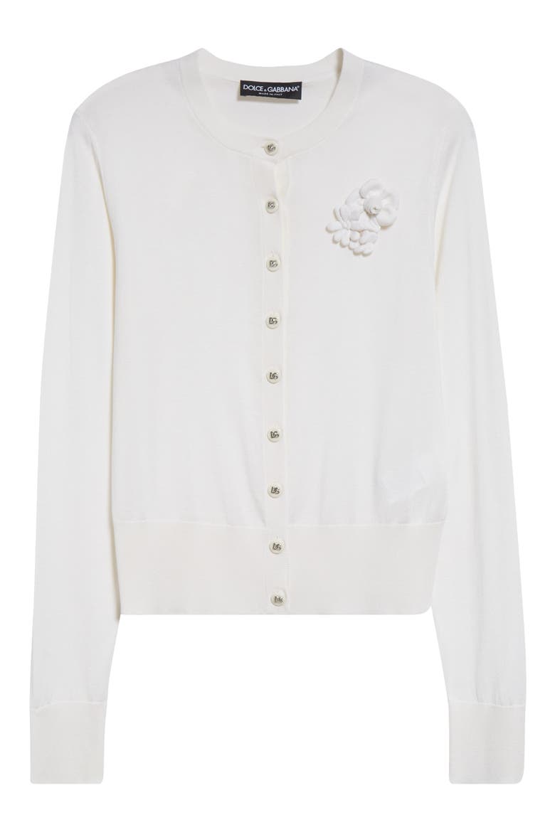 Floral Appliqué Silk Crewneck Cardigan, Alternate, color, BIANCO OTTICO